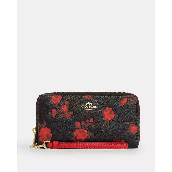 NWT Coach Long Zip Around Wallet With Floral Print CCL36 Black/Red - Picture 8 of 11